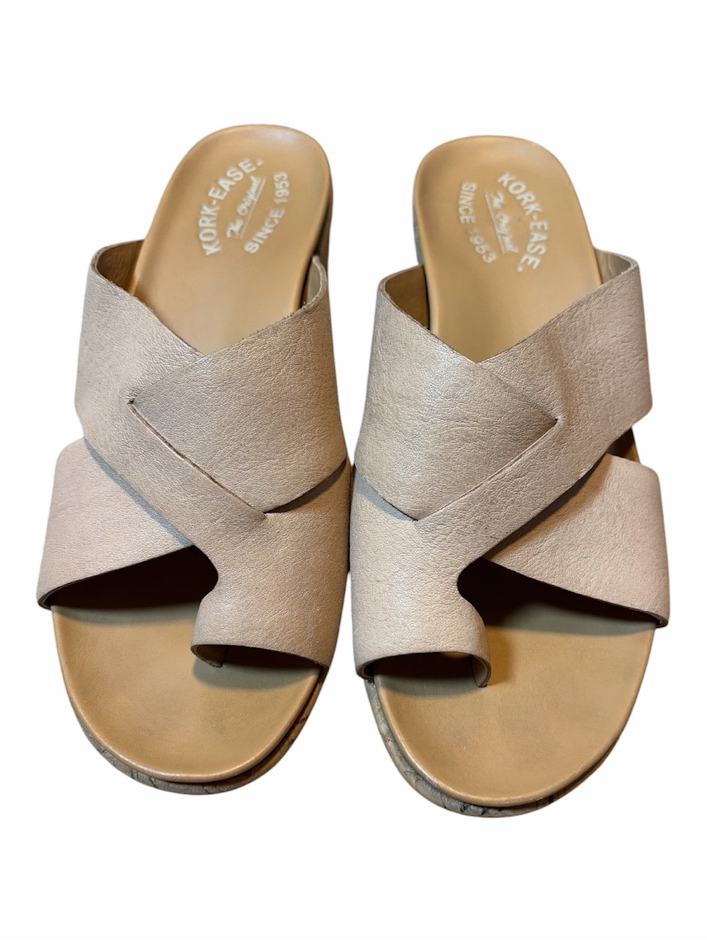 Kork-Ease Tutsi Leather Crisscross Cork Platform Slide Sandals Tan Size 7